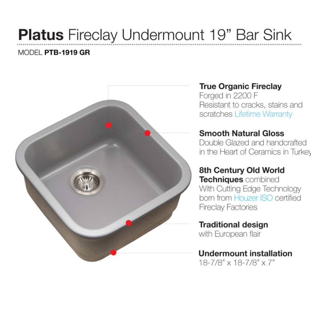 Houzer Platus PTB-1919-GR 19" Biscuit Single Square Undermount Fire Clay Sink