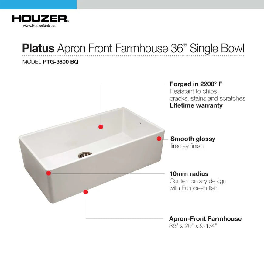 Houzer Platus PTG-3600-BQ 36" Biscuit Single Bowl Fireclay Farmhouse Sink