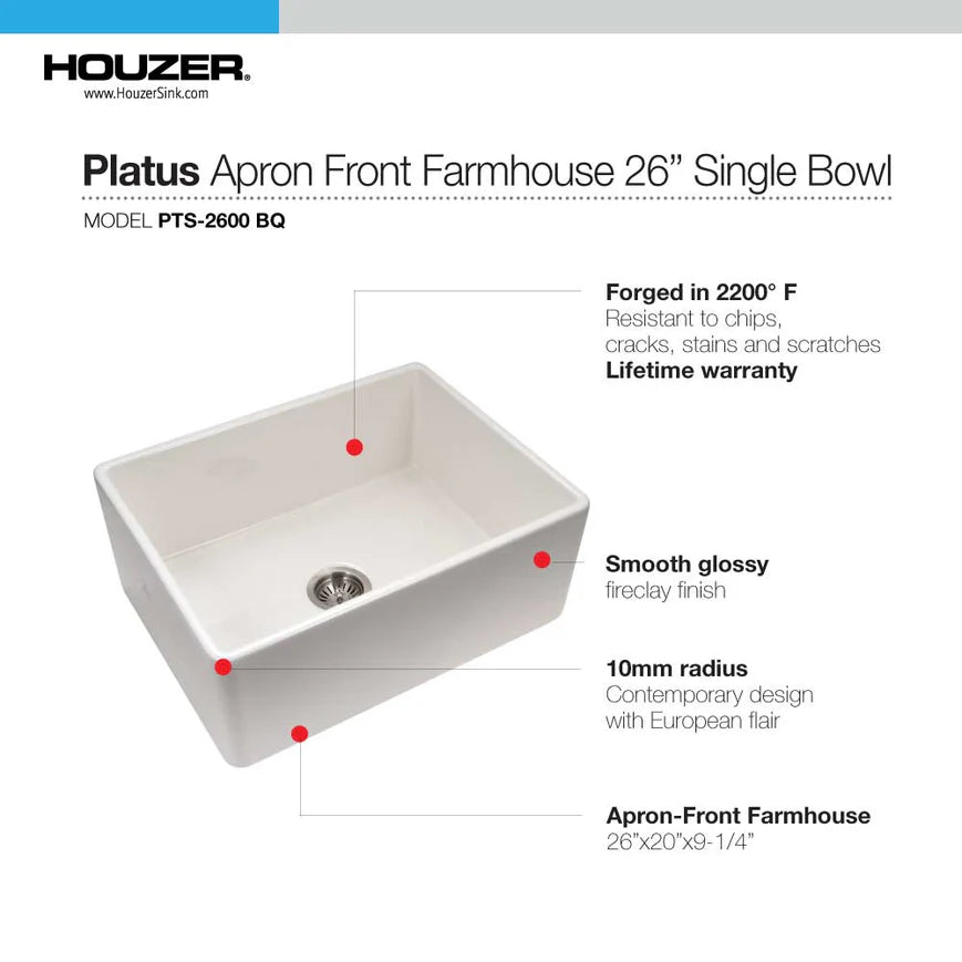 Houzer Platus PTS-2600-BQ 26" Biscuit Single Bowl Fireclay Farmhouse Sink