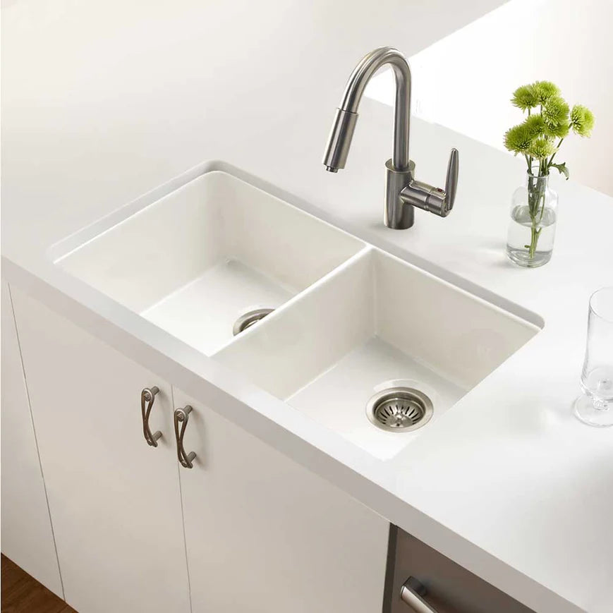 Houzer Platus PTU-3200-BQ 32" Biscuit Double Bowl Fireclay Farmhouse Sink