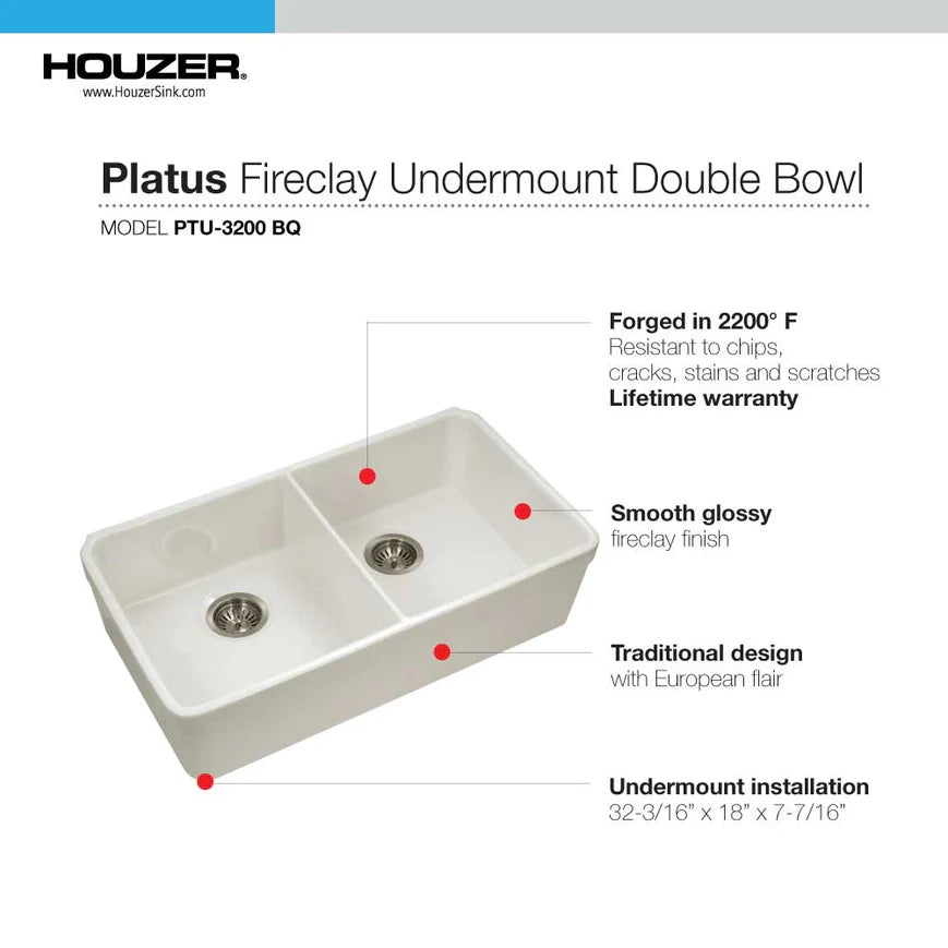 Houzer Platus PTU-3200-BQ 32" Biscuit Double Bowl Fireclay Farmhouse Sink