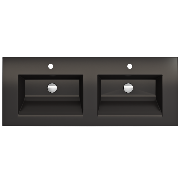 BOCCHI Ravenna 48" Matte Black Double Bowl Fireclay Wall-Mounted Bathroom Sink with Two 1-Hole Faucets