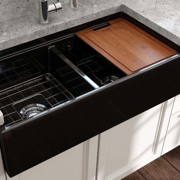 BOCCHI Contempo 36D Black Double Bowl Fireclay Farmhouse Sink w/ Integrated Work Station