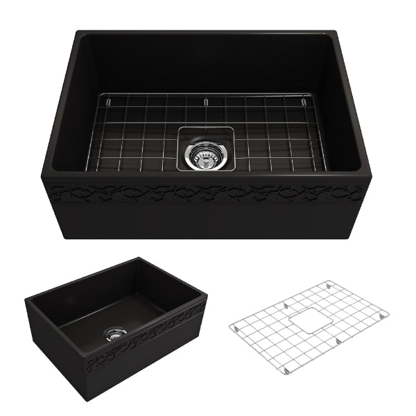 Bocchi Vigneto 27" Matte Black Fireclay Single Bowl Farmhouse Sink w/ Grid - Annie & Oak