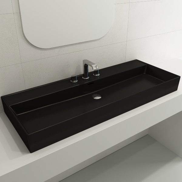 BOCCHI Milano 47" Matte Black 3-Hole Wall-Mounted Bathroom Sink Fireclay with Overflow