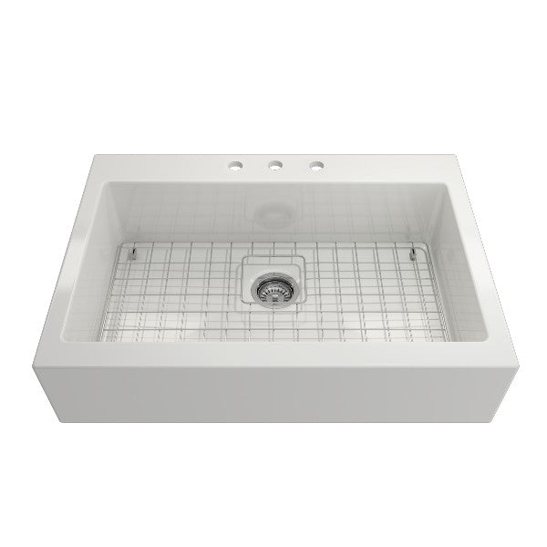 Bocchi Nuova 34" White Single Bowl Fireclay Drop-In Sink w/ Grid and Strainer