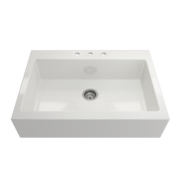 Bocchi Nuova 34" White Single Bowl Fireclay Drop-In Sink w/ Grid and Strainer