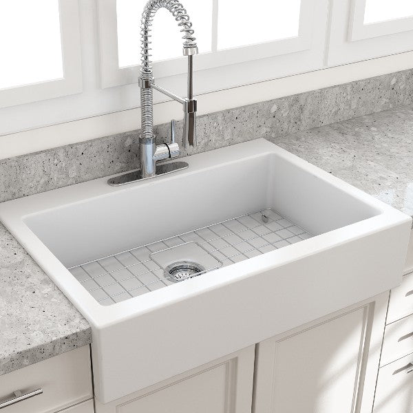 Bocchi Nuova 34" Matte White Single Bowl Fireclay Drop-In Sink w/ Grid and Strainer