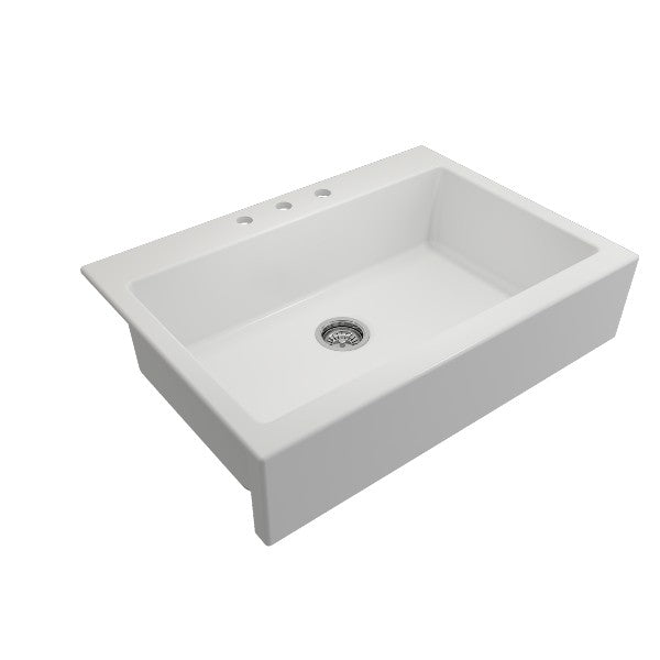 Bocchi Nuova 34" Matte White Single Bowl Fireclay Drop-In Sink w/ Grid and Strainer