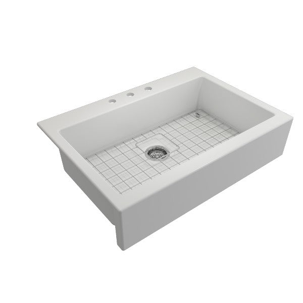 Bocchi Nuova 34" Matte White Single Bowl Fireclay Drop-In Sink w/ Grid and Strainer