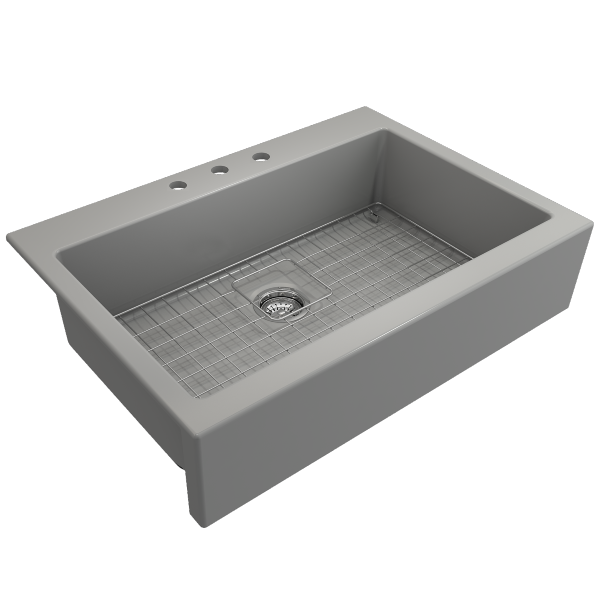 Bocchi Nuova 34" Matte Gray Single Bowl Fireclay Drop-In Sink w/ Grid and Strainer