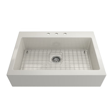 BOCCHI Nuova 34" Biscuit Single Bowl Fireclay Drop-In Sink w/ Grid and Strainer