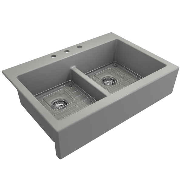 Bocchi Nuova 34" Matte Gray Double Bowl Fireclay Drop-In Sink w/ Grids and Strainers