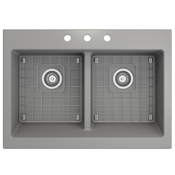 Bocchi Nuova 34" Matte Gray Double Bowl Fireclay Drop-In Sink w/ Grids and Strainers