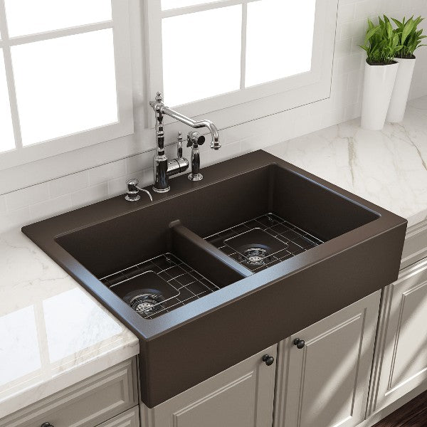 Bocchi Nuova 34" Matte Brown Double Bowl Fireclay Drop-In Sink w/ Grids and Strainers