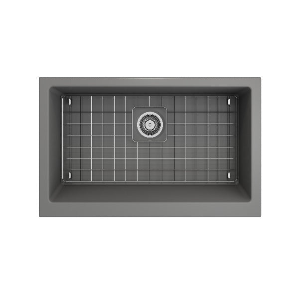 BOCCHI Nuova Pro 34" Matte Gray Single Bowl Fireclay Farmhouse Sink with Grid