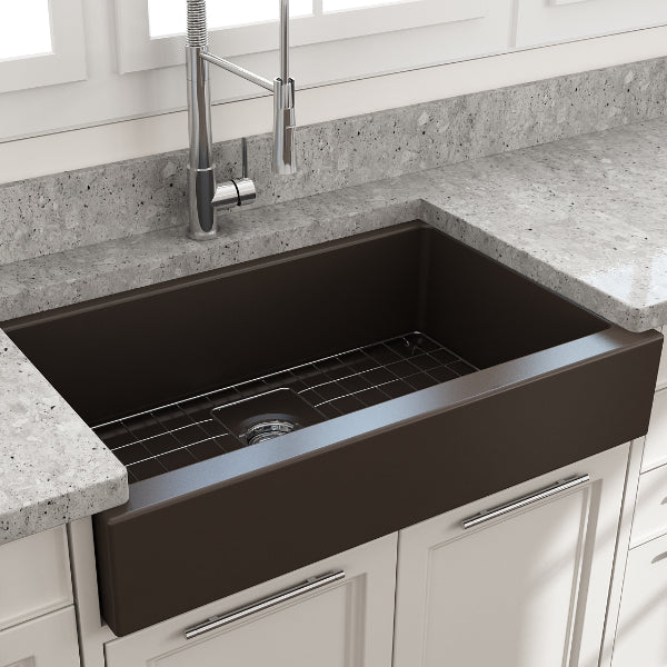 BOCCHI Nuova Pro 34" Matte Brown Single Bowl Fireclay Farmhouse Sink with Grid